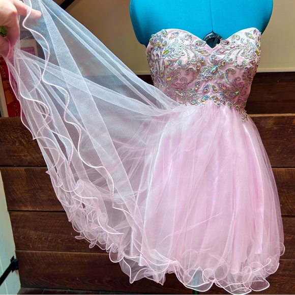 Ethereal Strapless Tulle Fairy Princess Pageant Mini Prom Dress Iridescent Gems - Picture 4 of 16